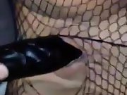 Close up of wife's shaven pussy getting fucked by black dildo